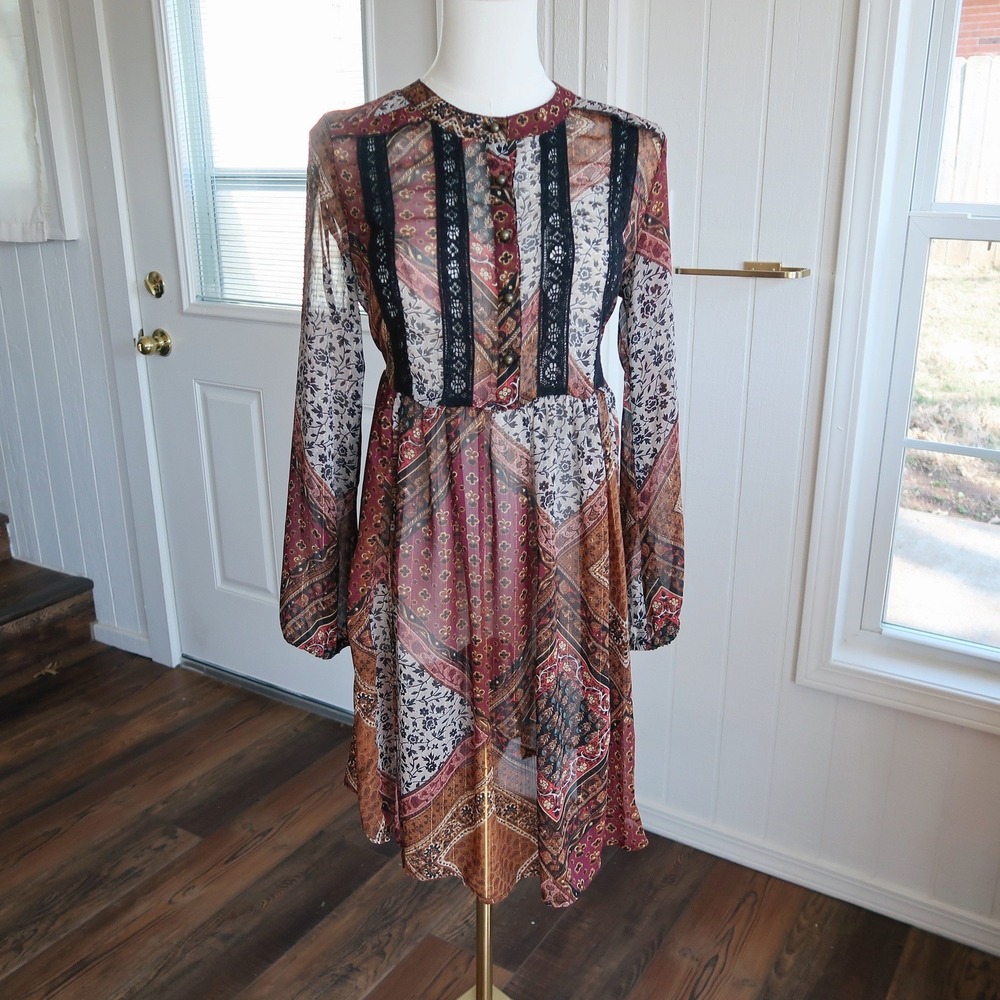 Davina Womens Sheer Patchwork Tunic Top XS Indie Sleaze Grunge Whimsigoth‎ Boho